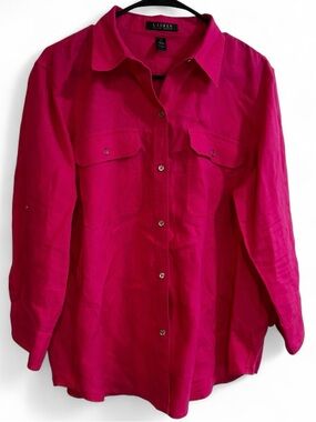 Ralph Lauren Fuchsia Button-Front Long Sleeve Blouse, 100 %LINEN.